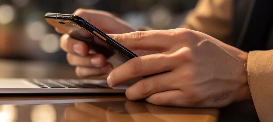 Imagem das mãos de uma pessoa manuseando um celular, representando o
        ato de entrar em contato conosco.